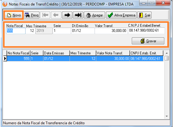 Tela de Notas Fiscais de transferência de Crédito
