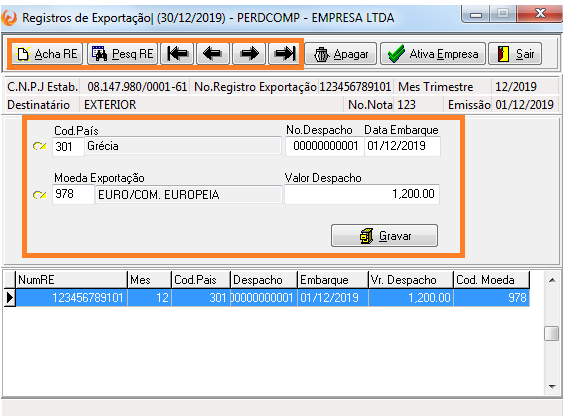 Tela de Informações Registro de Exportação