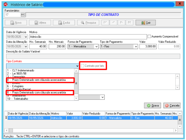 Tela de configuração do contrato por fato