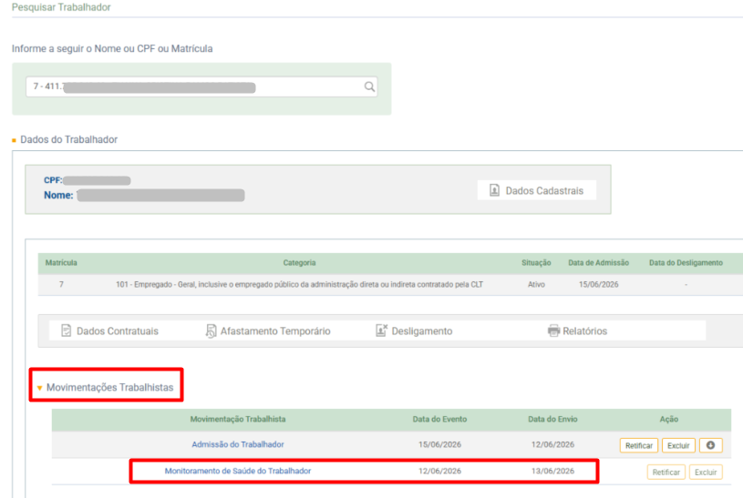 Tela de Movimentações Trabalhistas no portal do eSocial