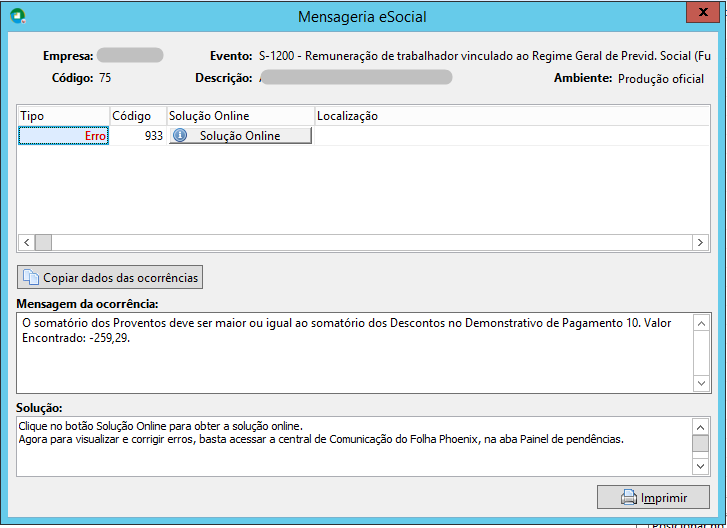 Mensagem de erro 933 no eSocial.