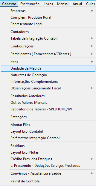 Menu Cadastro de Unidade de Medida no G5 Phoenix