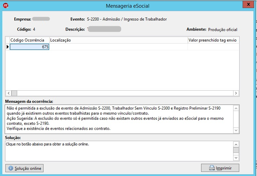 Mensagem de erro 675 no sistema