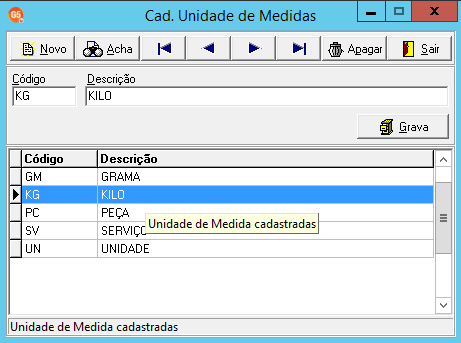 Tela de Cadastro de Unidade de Medidas