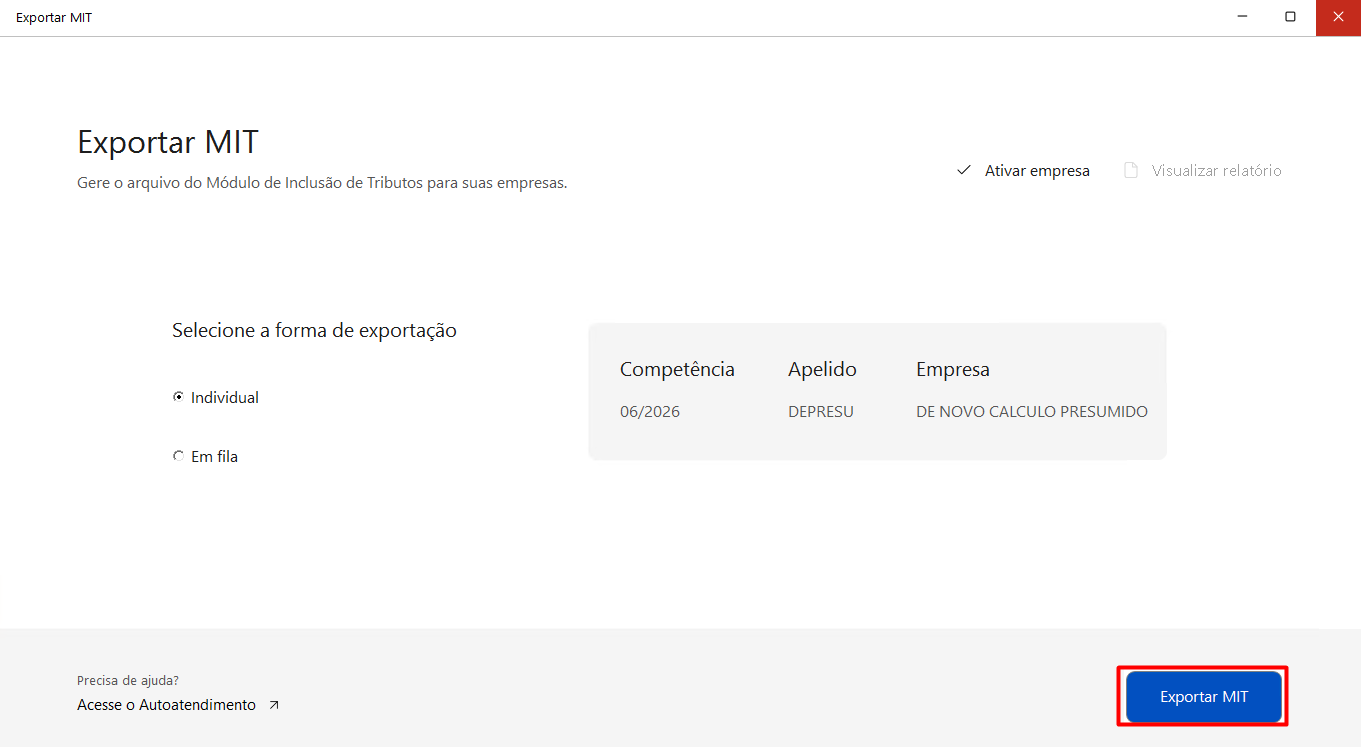 Tela Exportar MIT
