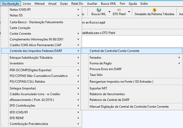 Tela da Central de Controle/Conta Corrente