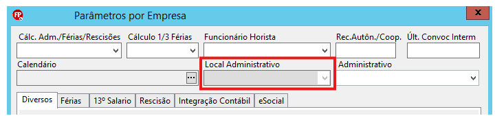 Janela "Parâmetros por empresa" do sistema de folha, destacando em vermelho o campo suspenso "Local administrativo".