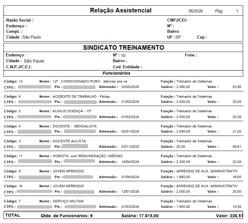 Exemplo de relatório de Relação Sindical emitido com os valores descontados