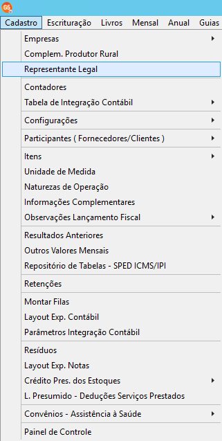 Menu Cadastro Representante Legal