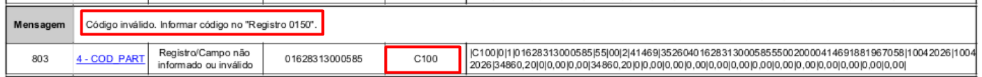 Erro no PVA indicando código inválido no registro 0150
