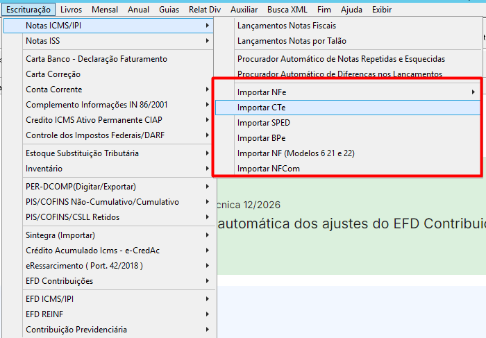 Opções de importação de notas de ICMS/IPI no G5 Phoenix
