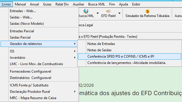 Caminho do menu para o gerador de relatórios de conferência no G5 Phoenix