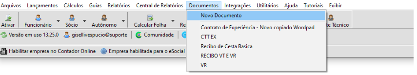 Menu Documentos Novo Documento