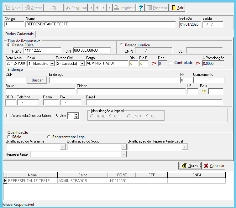 Dados Cadastrais do Representante