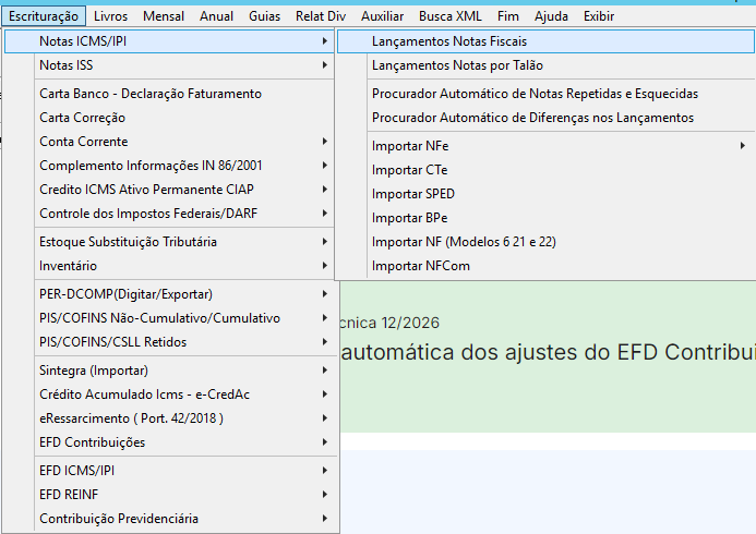 Tela de lançamentos de notas fiscais de ICMS/IPI no G5 Phoenix