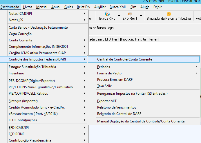 Tela do menu Escrituração, Controle de Impostos Federais, Central de Pagamento no G5 Phoenix