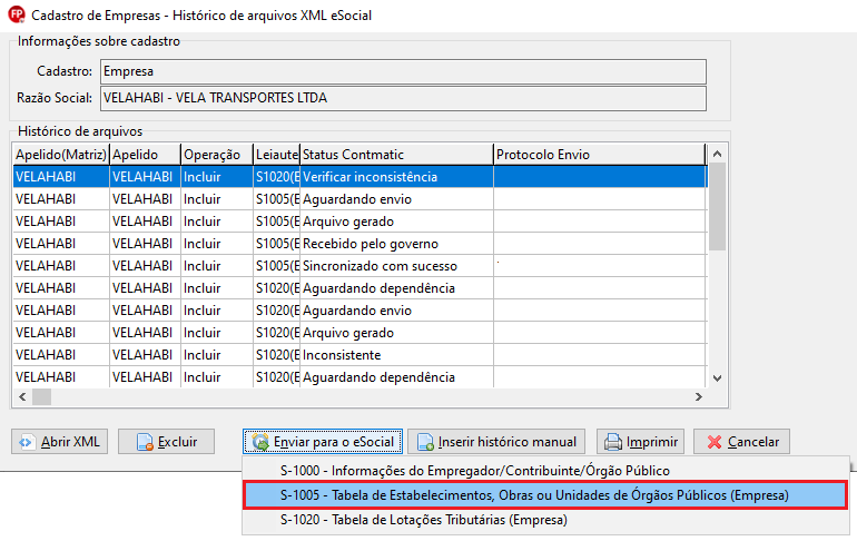Histórico de arquivos XML do eSocial com a opção "S-1005 - Tabela de Estabelecimentos" selecionada no menu "Enviar para o eSocial".