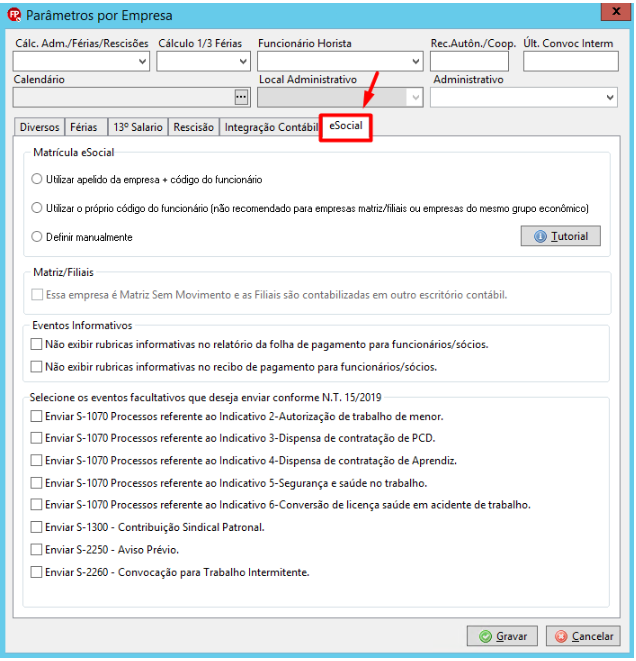 Configurações da aba eSocial