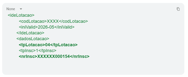 XML do evento S-1020 destacando dadosLotacao