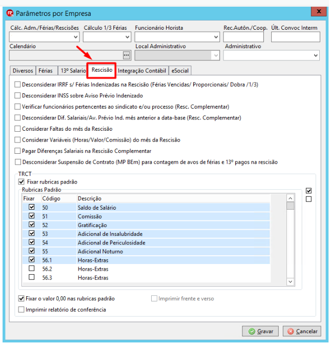 Mais configurações da aba Rescisão