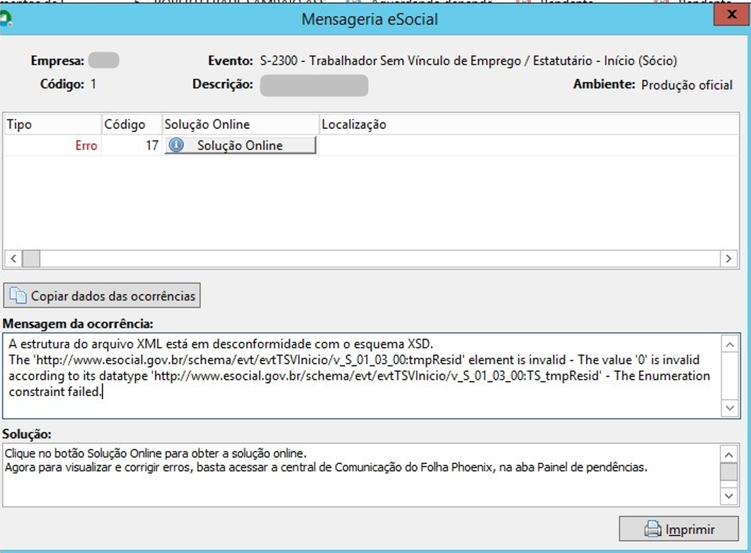 Mensagem de erro no eSocial com destaque para a tag tmpResid.