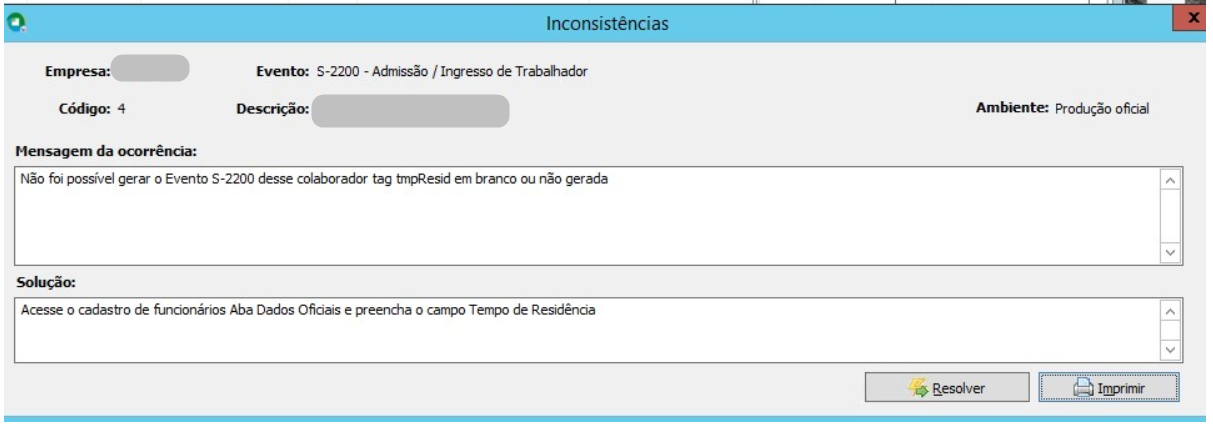 Mensagem de ocorrência do eSocial sobre a tag tmpResid em branco.