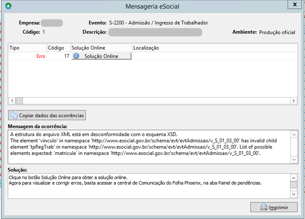 Erro 17 no validador do eSocial destacando as tags vinculo, tpRegTrab e matricula.