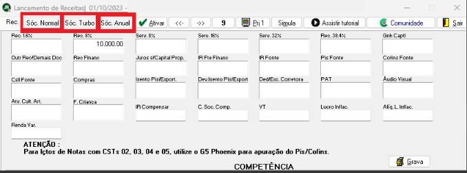 Abas da rotina de receitas e sócios.