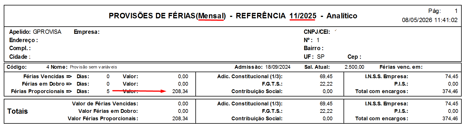 Relatório de Provisão Mensal do mês atual