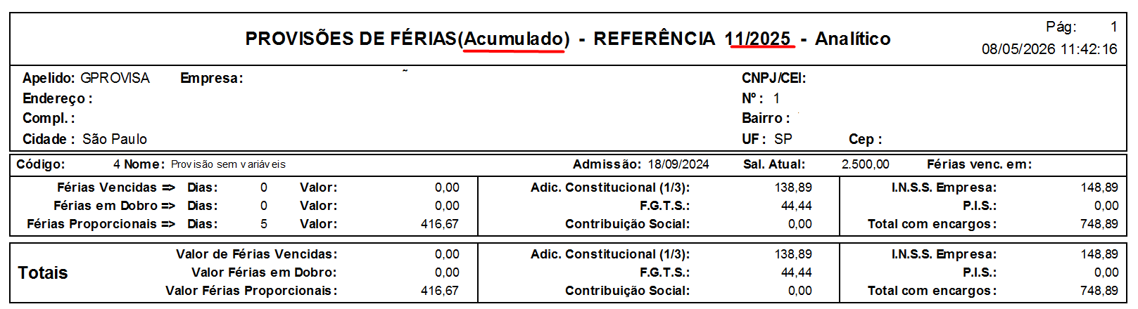 Relatório de Provisão Acumulada do mês atual