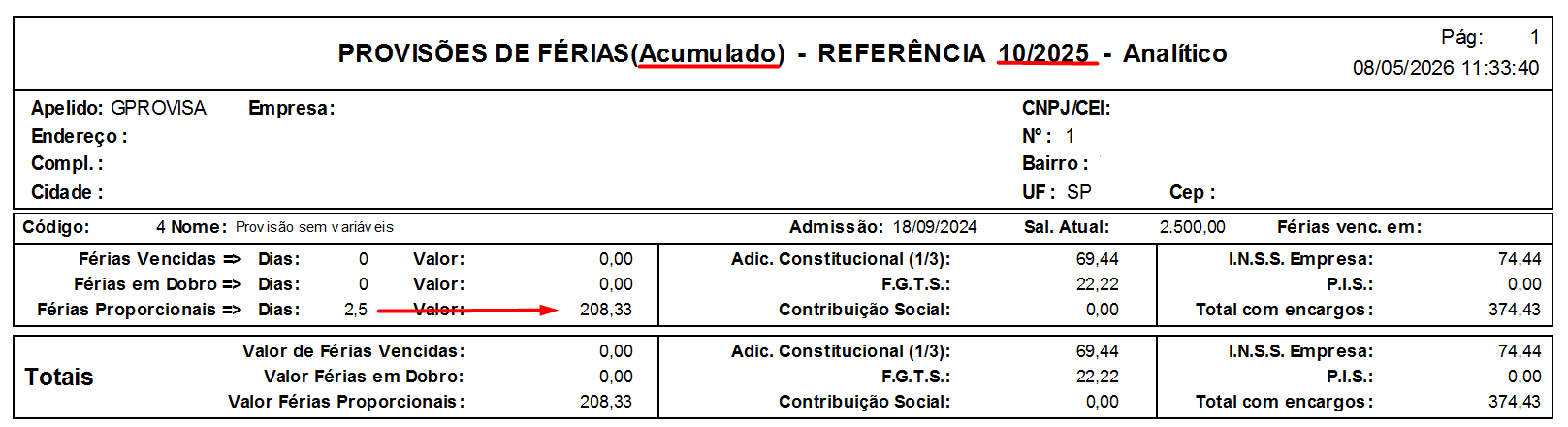 Relatório de Provisão Acumulada do mês anterior