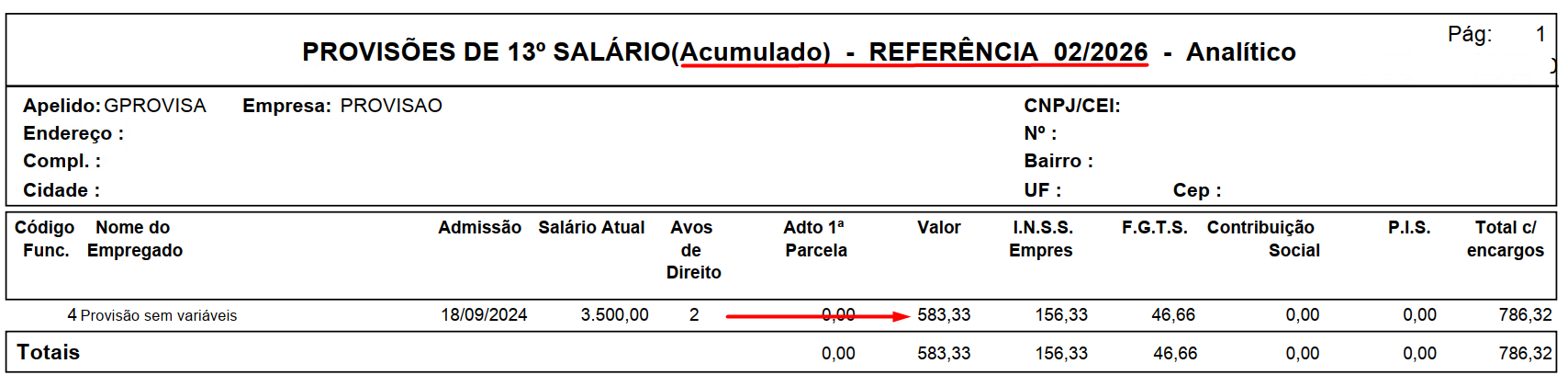 Relatório analítico acumulado de provisões do 13º salário com referência em fevereiro de 2026, registrando 2 avos de direito.