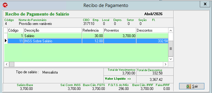 Recibo de pagamento de salário de abril de 2026 para o funcionário de código 4, com salário base atualizado para 3.700,00 reais.