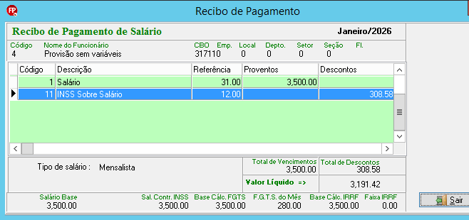 Recibo de pagamento de salário de janeiro de 2026 para o funcionário de código 4, com salário base de 3.500,00 reais.