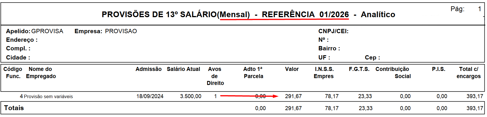 Relatório analítico mensal de provisões do 13º salário com referência em janeiro de 2026, destacando 1 avo de direito.