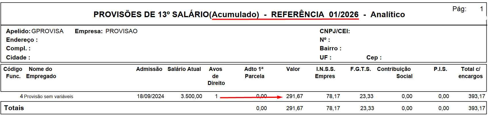 Relatório analítico acumulado de provisões do 13º salário com referência em janeiro de 2026, indicando 1 avo de direito.