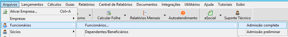Tela de admissão completa do funcionário.