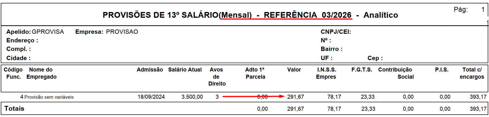 Relatório analítico mensal de provisões do 13º salário com referência em março de 2026, indicando 3 avos de direito.