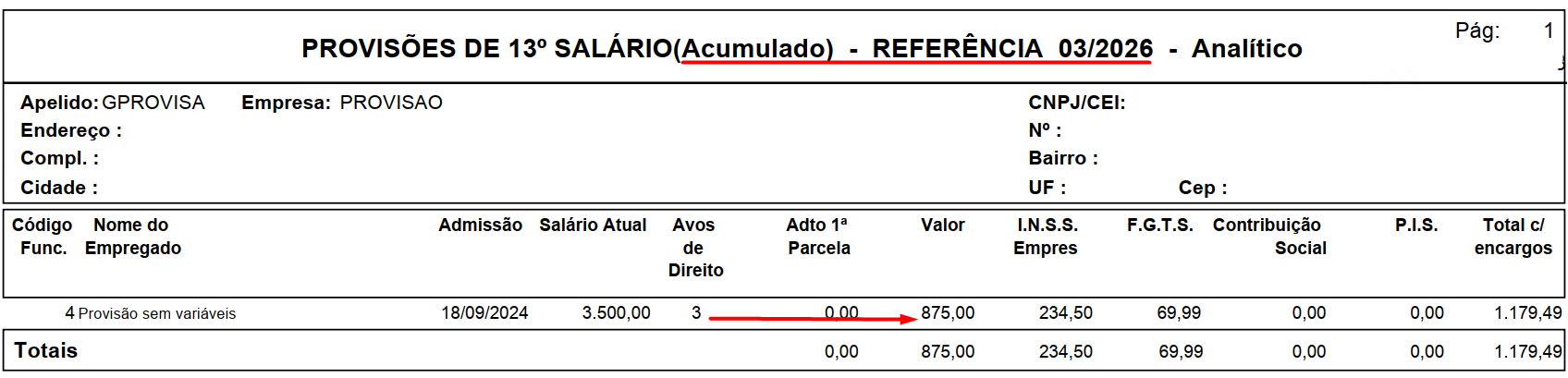 Relatório analítico acumulado de provisões do 13º salário com referência em março de 2026, indicando 3 avos de direito e valor de 875,00.
