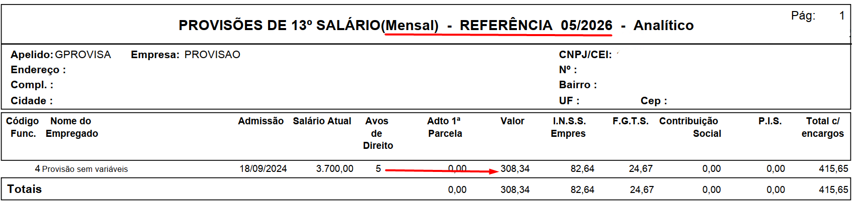 Relatório analítico de provisões mensais do 13º salário com referência em 05/2026, destacando 5 avos de direito e valor de R$ 308,34.