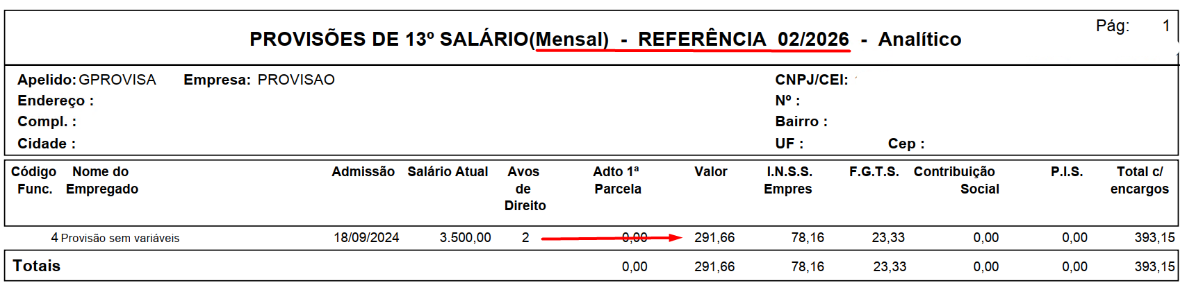 Relatório analítico mensal de provisões do 13º salário com referência em fevereiro de 2026, apontando 2 avos de direito.