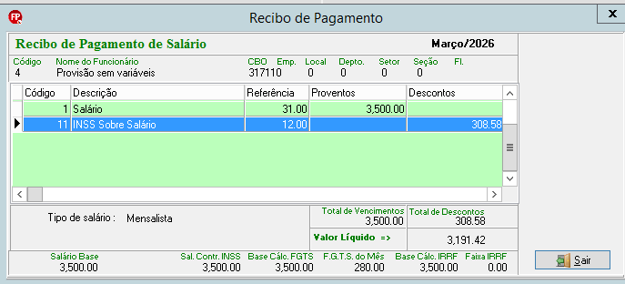 Recibo de pagamento de salário de março de 2026 para o funcionário de código 4, com salário base de 3.500,00 reais.