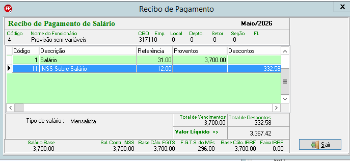 Recibo de pagamento de salário de maio de 2026 do funcionário Provisão sem variáveis, com salário base de R$ 3.700,00 e valor líquido de R$ 3.367,42.