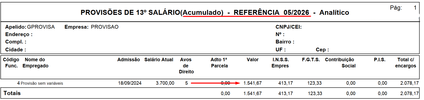 Relatório analítico de provisões acumuladas do 13º salário com referência em 05/2026, destacando 5 avos de direito e valor de R$ 1.541,67.