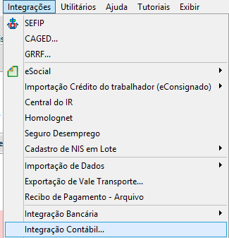 Menu Integrações e opção Integração Contábil.no sistema Folha
