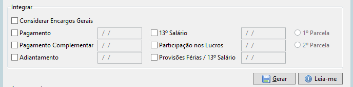 Quadro Integrar com opções de eventos e botão Gerar.