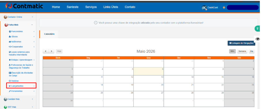 Opção Lançamentos no menu Folha Web