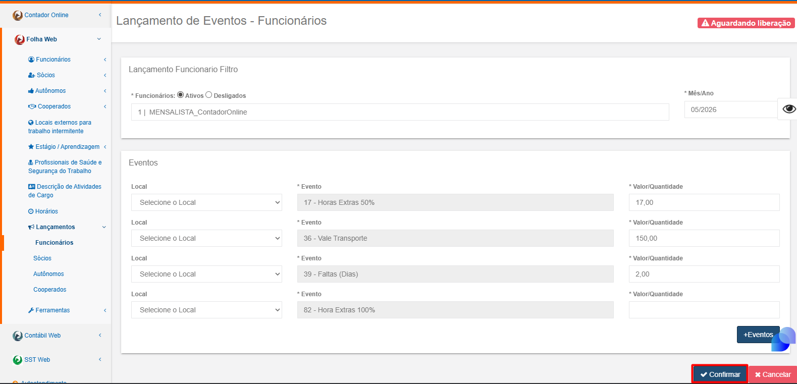 Confirmar lançamentos de eventos