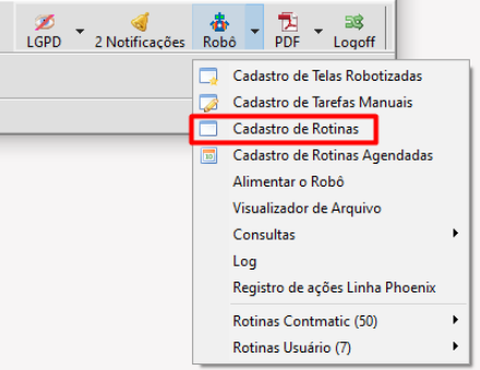 Menu Robô e Cadastro de Rotinas
