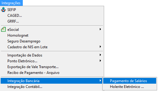 Menu Integração Bancária